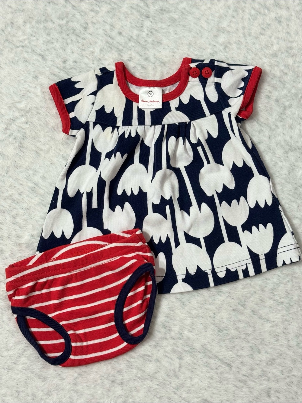 Hanna Andersson Tulip Dress Bloomers Set 0-3M Baby Girl Organic Cotton Navy Red